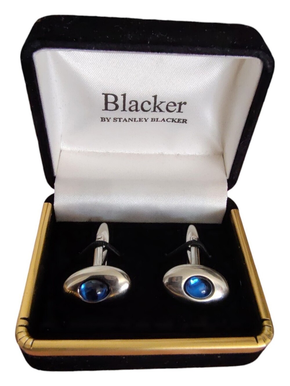 Blacker by Stanley Blacker Silver Tone Blue Cabochon Cufflinks with Original Box